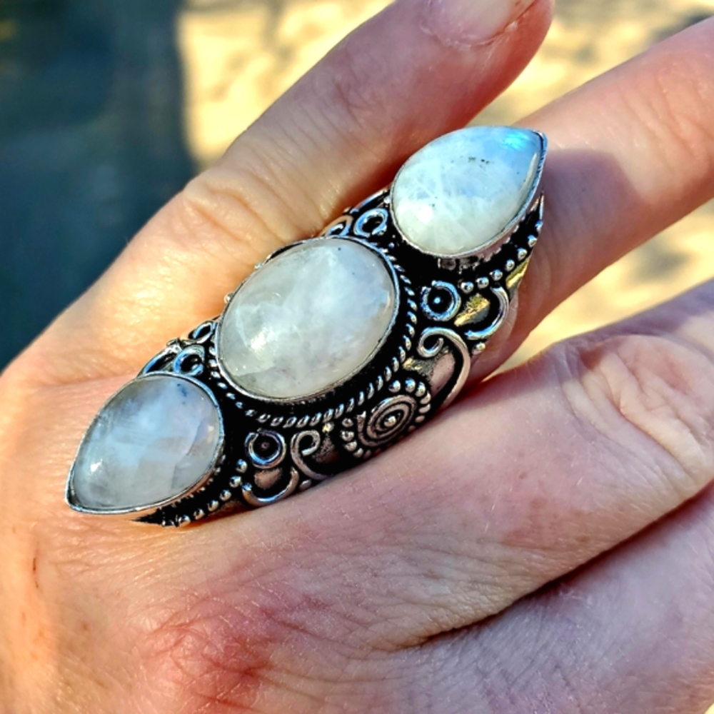 New Rainbow Moonstone 925 Silver Statement Ring.